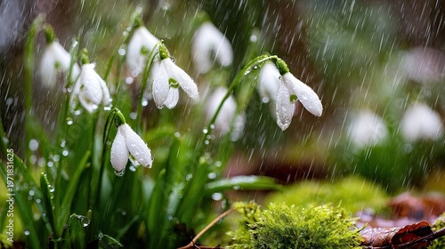 Delicate white blossoms display droplets amidst a steady downpour in nature