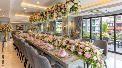 Elegant interior space prepared for a formal celebratory banquet with lavish floral arrangements