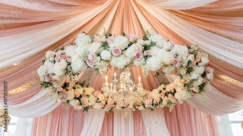 Elegant floral chandelier installation hangs beneath draped ceiling fabric in soft colors