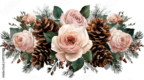 Floral arrangement featuring soft colored roses and brown pinecones nested among evergreen foliage