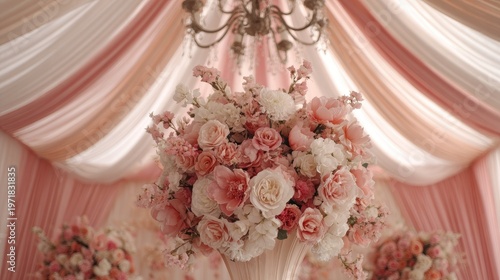 Lavish centerpiece arrangement features blush pink and white flowers beneath draped fabric canopy