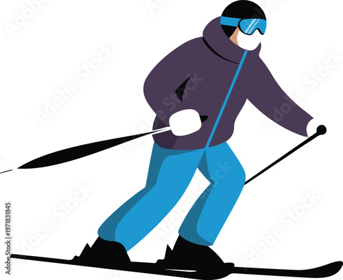 Flat vector of skier in action wearing jacket, ski pants, goggles, and mask winter sports activity illustration