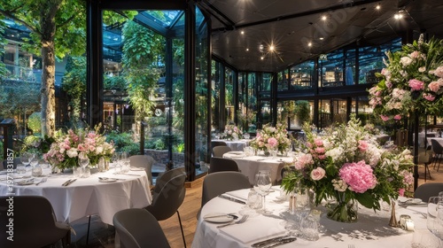 Elegant formal dining room set with floral arrangements and views of lush greenery through large windows