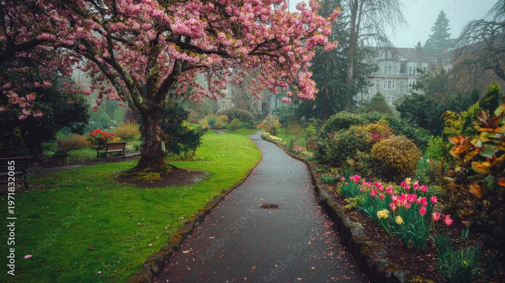 Fototapeta premium Lush park pathway curves past blooming ornamental trees and flowerbeds on an overcast day