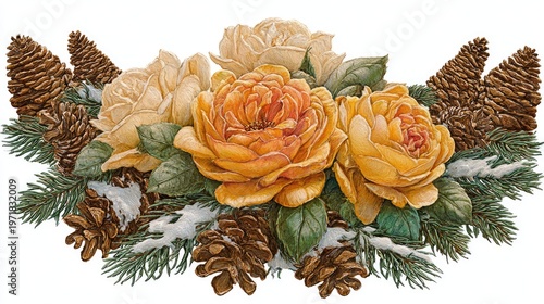 Warm colored garden roses beautifully accent a winter arrangement of pine boughs and cones.