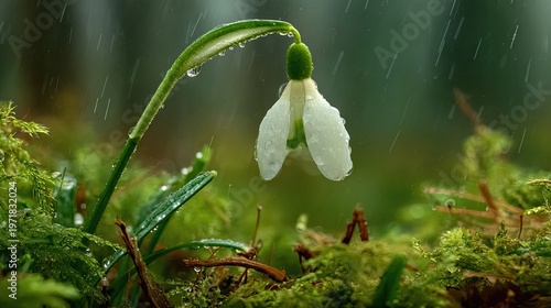 Delicate white bloom endures refreshing precipitation amidst vibrant green growth