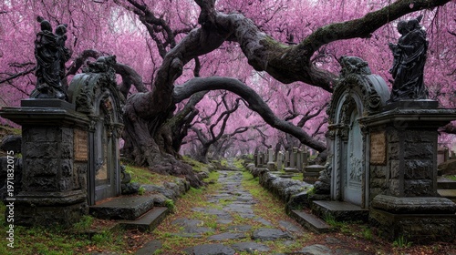 Ancient cemetery pathway framed by dramatically curved dark tree branches beneath vibrant pink blossoms