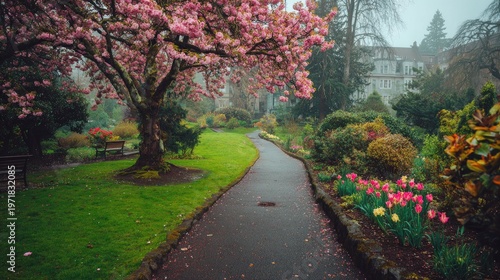 Lush park pathway curves past blooming ornamental trees and flowerbeds on an overcast day
