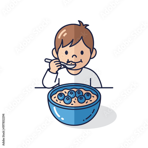 A young child enjoys a healthy breakfast of cereal with fruit