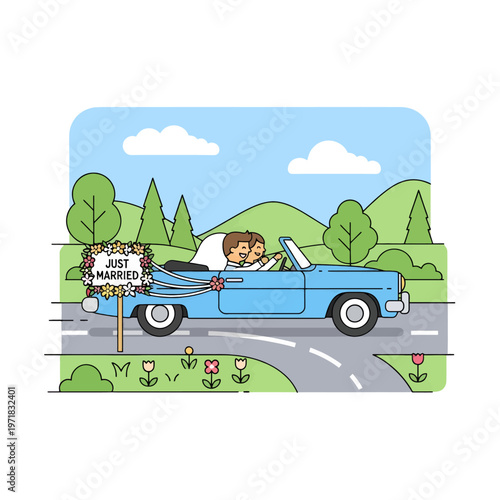 Newlyweds drive away in a decorated convertible after their wedding ceremony