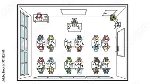 Top-down view of a well-organized classroom with desks, chairs, and a teacher's station