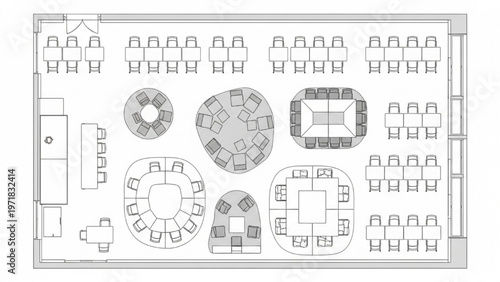 Modern Office Layout Design Featuring Collaborative Workspaces and Individual Desks