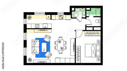 Modern apartment floor plan with open concept living, dining, kitchen, and bedroom