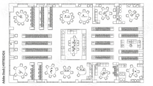Library floor plan layout with seating and book shelving arrangement