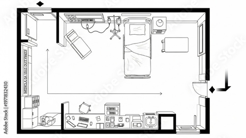 Top-down blueprint illustration of a sterile hospital room with medical equipment