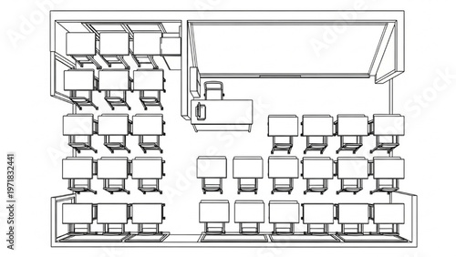 Classroom layout with desks and teacher's station overhead view