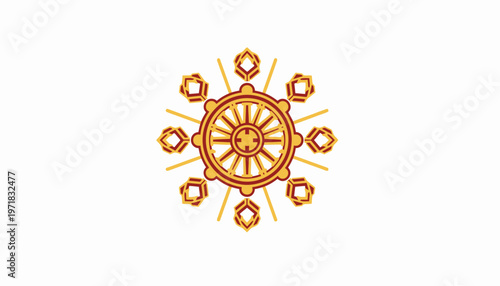Dharmachakra Wheel Flat Vector Illustration for Vesak Day Buddhist Ornament
