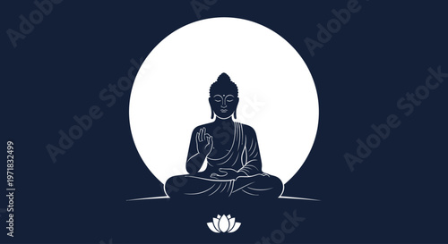 Minimalist Vesak Day Background with Buddha Silhouette and Full Moon Flat Vector