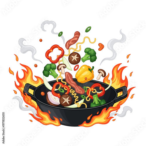 Stir-fry ingredients tossed in a hot wok with flames
