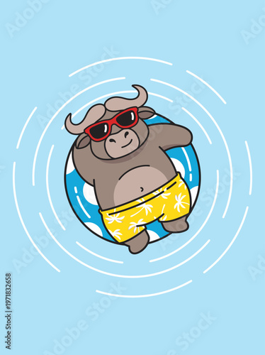 Bull wearing sunglasses and yellow shorts.