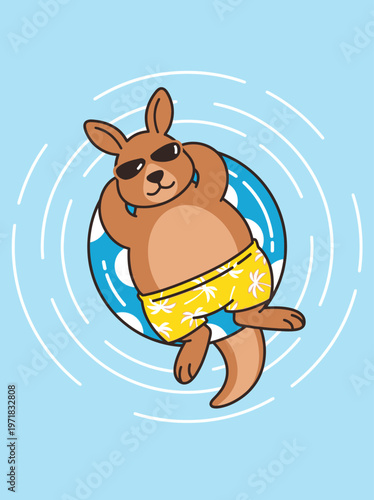 Cartoon kangaroo wearing yellow swimwear sunglasses.