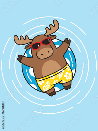 Cartoon moose wearing sunglasses swimwear.