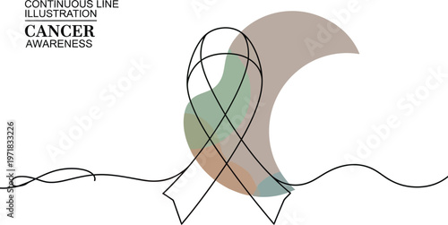 A delicate continuous line drawing featuring a pale pink ribbon for cancer awareness set against soft pastel circles and a white background