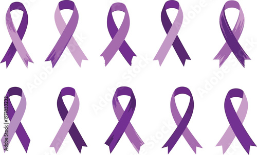a collection of vibrant purple ribbons arranged in a grid pattern against a clean white background symbolizing awareness and support