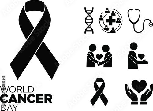 The image depicts world cancer day awareness symbols including a ribbon dna people and a stethoscope promoting support high quality professional