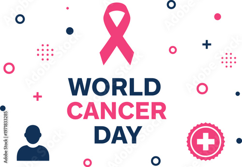 a symbolic representation of world cancer day featuring a pink ribbon medical icons and text promoting awareness and support for those affected