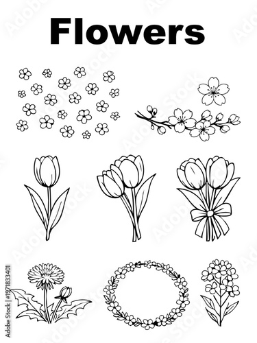 Spring Flower Line Art Set（春の花 線画セット｜桜・チューリップ・たんぽぽ）