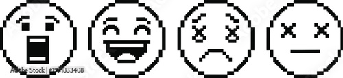 a depiction of four simple pixelated black and white emoticons on a bright yellow background expressing various emotions high quality professional