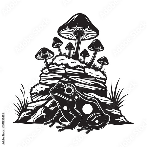 A black and white illustration of mushrooms growing on a tree stump outdoors naturally