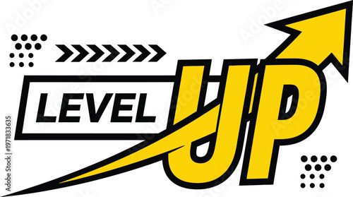 A vibrant graphic illustration depicts a yellow upward arrow alongside a rectangular banner proclaiming level up suggesting progress and achievement