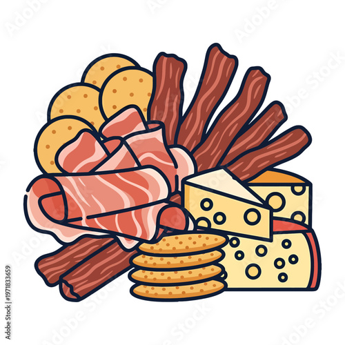 Assortment of cured meats, cheese and crackers arranged attractively