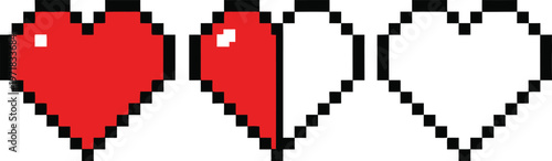 A sequence of three pixelated hearts illustrates a diminishing health bar transitioning from full red to empty white high quality professional