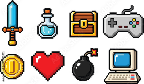 a collection of vibrant pixel art icons depicts gaming essentials like swords potions treasure and controllers high quality professional detailed modern
