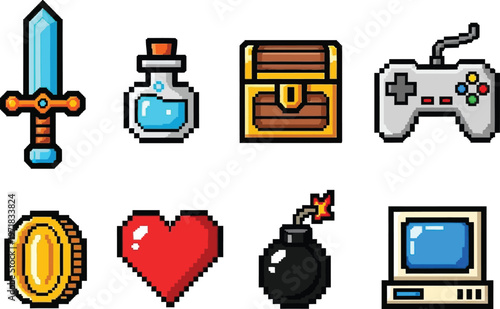 a collection of pixel art game items including a sword potion treasure chest controller coin and more high quality professional detailed
