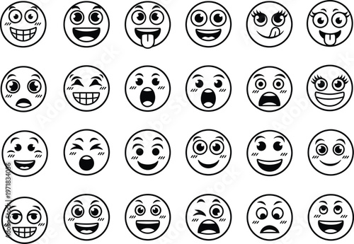 a collection of twenty four black and white circular emoticons expressing diverse feelings such as happiness sadness surprise and playful emotions