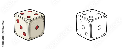 Game dice illustrations in flat colored and black line styles using beige and red tones representing gambling or board game elements for strategy design and gaming interfaces