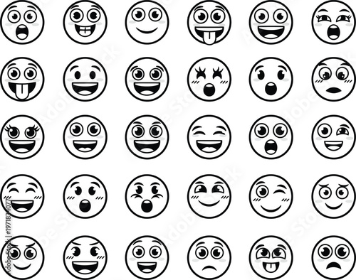 a collection of black and white cartoon faces displaying various expressions including happiness surprise and sadness arranged in a grid pattern