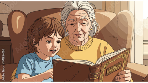 Grandmother Reading Storybook to Child, Family Bonding, Learning, Cozy Home