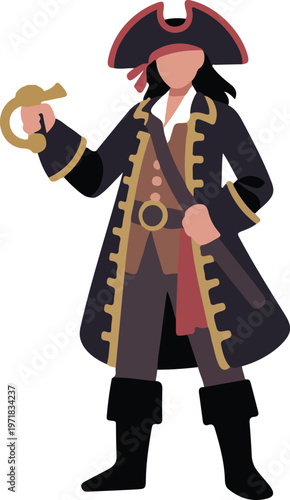 Stylized pirate figure in detailed costume holding rapier with hat and coat bold cartoon vector illustration