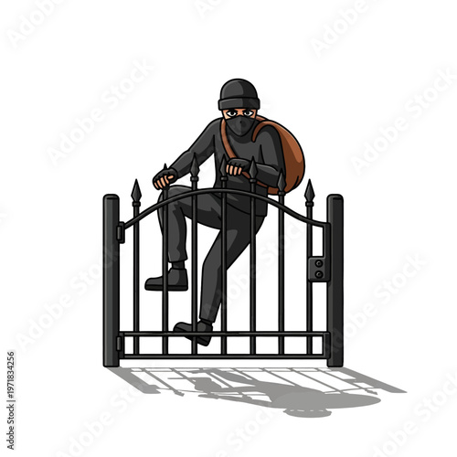 A shadowy figure climbs over a decorative metal gate with a sack
