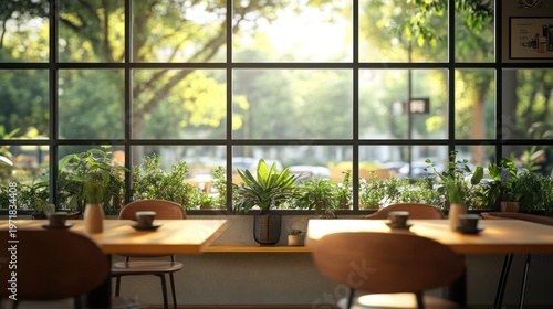 Cozy cafe interior with large windows overlooking a lush green park on a sunny day.
