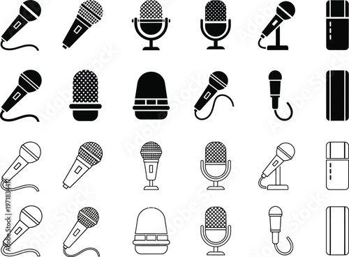 a collection of various black and white microphone icons and vector illustrations depicting different styles and designs for audio recording