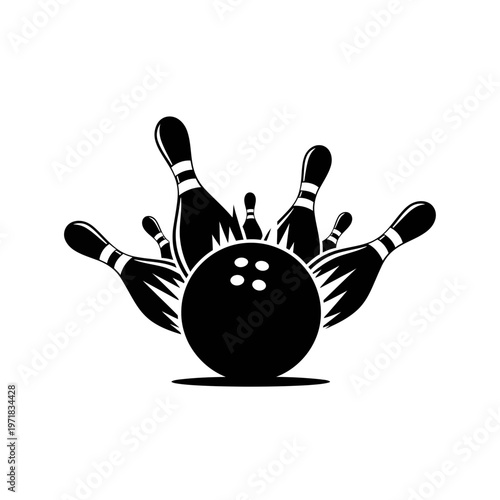 Bowling Strike: A dynamic monochrome illustration captures the precise moment of a strike, with the bowling ball smashing into the pins, showcasing the power and thrill of the sport.