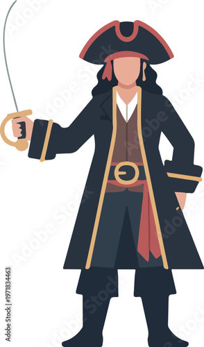 Stylized pirate figure in detailed costume holding rapier with hat and coat bold cartoon vector illustration