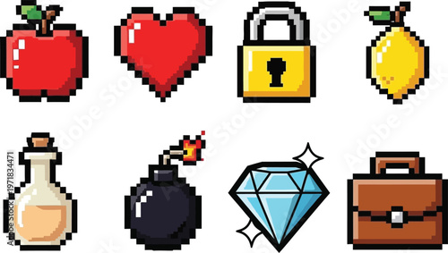a vibrant collection of pixel art icons depicting various objects like fruits a heart lock and more high quality professional detailed