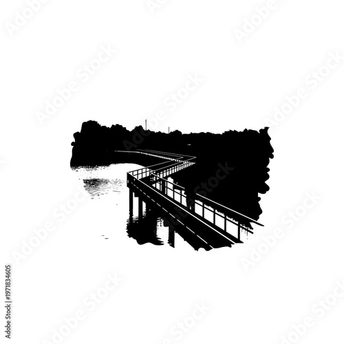 Serene Boardwalk Silhouette: A tranquil boardwalk meanders gracefully along the edge of a calm lake, its form mirrored in the still water below, with an solitary figure taking in the views.